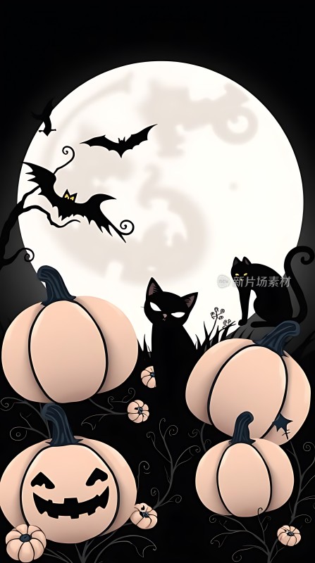 万圣节之夜南瓜、黑猫与蝙蝠