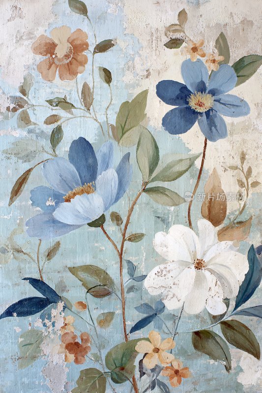 蓝白花卉插画图案