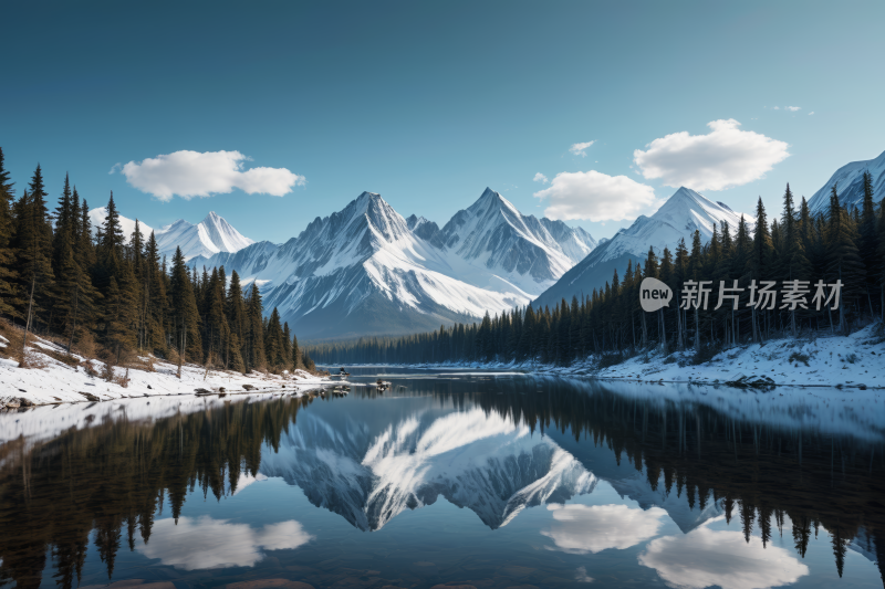 山倒映在被白雪覆盖的树木包围的湖泊中风景