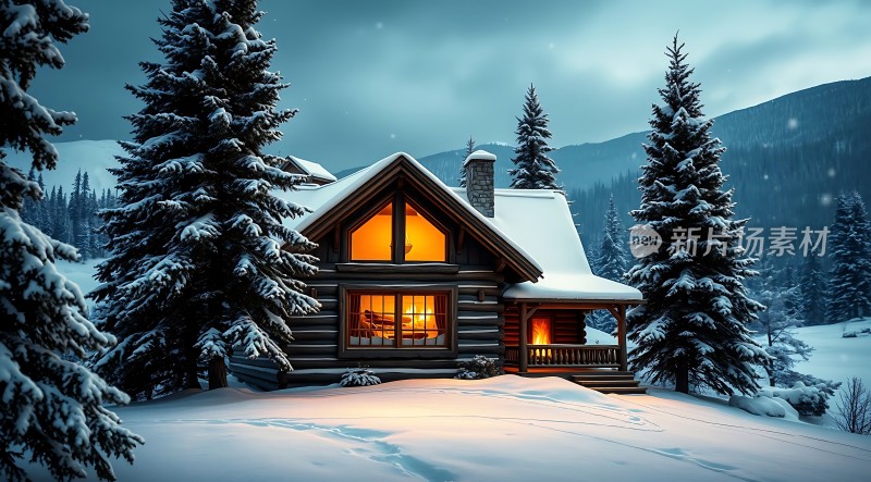 雪夜温馨小木屋