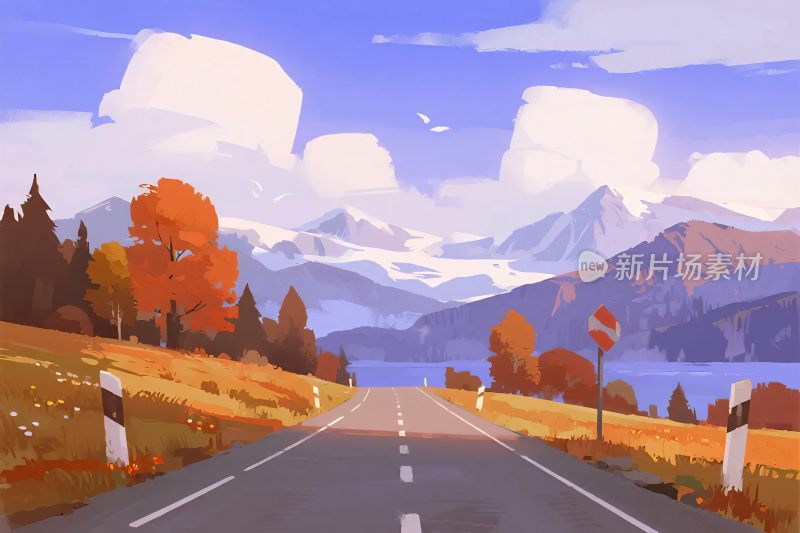 秋日山间公路风景插画