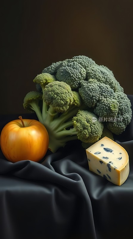 西兰花、苹果与奶酪的艺术组合