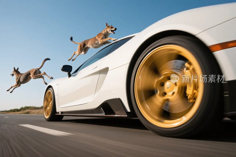白车旁双犬奔跑动感画面
