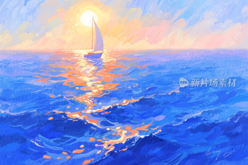 海上日出帆船风景图