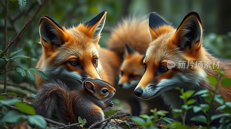 森林中的狐狸一家温馨互动
