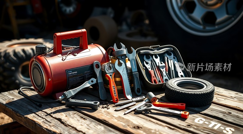 户外工具大集合红色发电机和黑色轮胎显眼各种扳手、钳子等齐全
