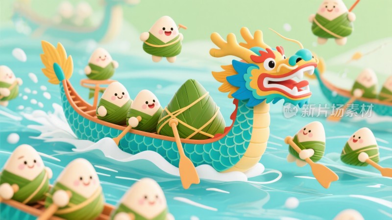 卡通Q版 传统节日端午节 粽子龙舟比赛