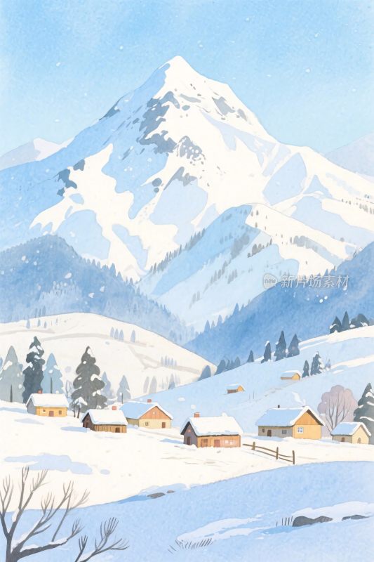雪山乡村冬日雪景