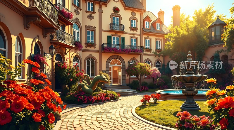 阳光下的欧式建筑花园景观