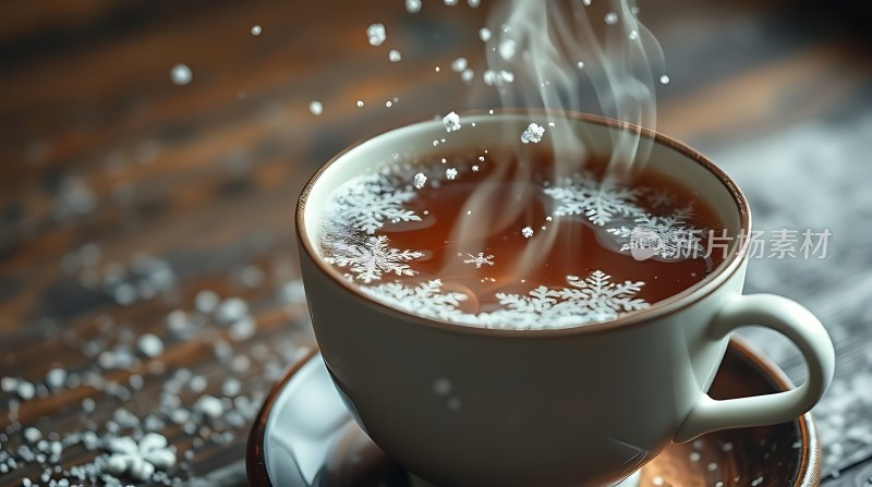 热气腾腾的咖啡杯上飘着雪花图案