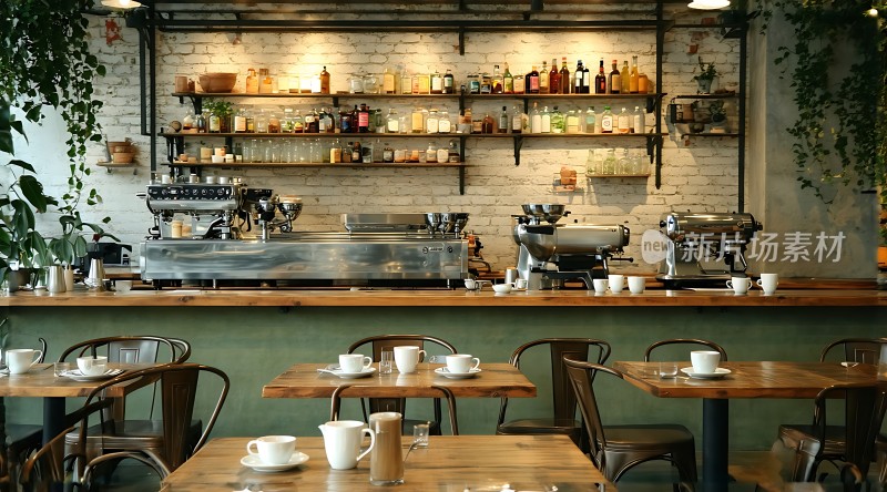 咖啡店温馨一角绿植环绕木质桌椅白色砖墙展示架上的瓶瓶罐罐