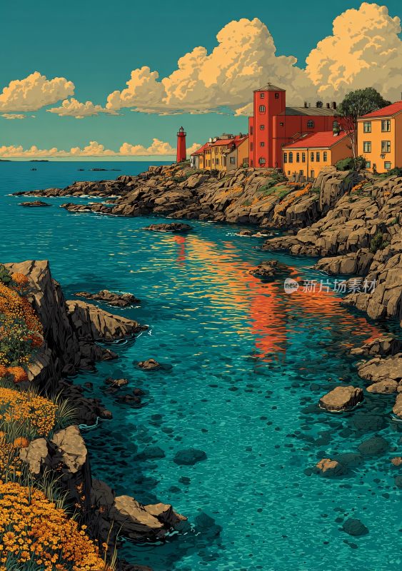 海边彩色建筑风景插画
