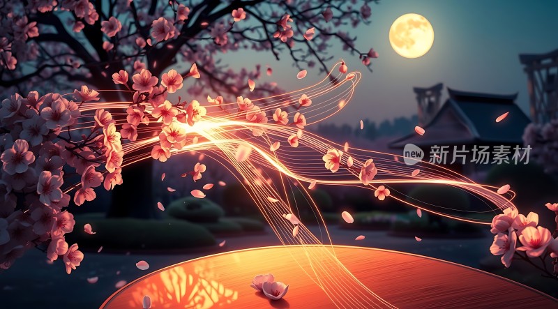 春夜月下樱花飞舞
