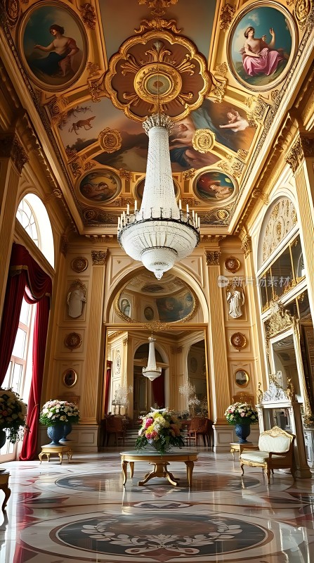 金色大厅华丽吊灯与壁画