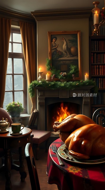 温馨壁炉旁的节日盛宴