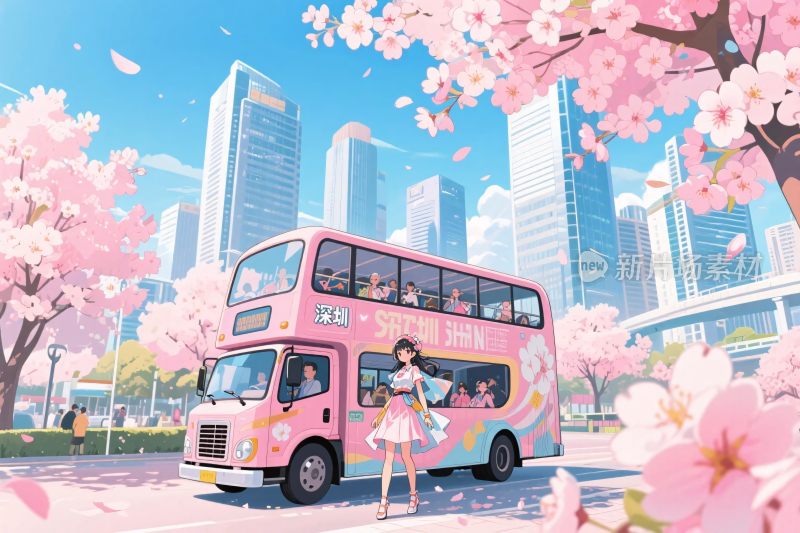 春日樱花巴士插画