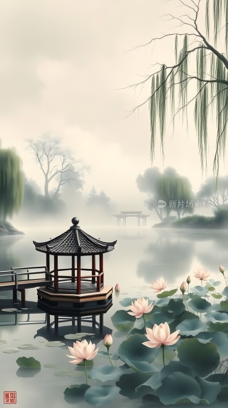 湖畔凉亭映荷花