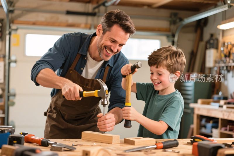 父子木工操作场景图