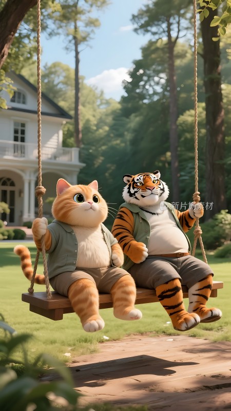 老虎和猫咪荡秋千