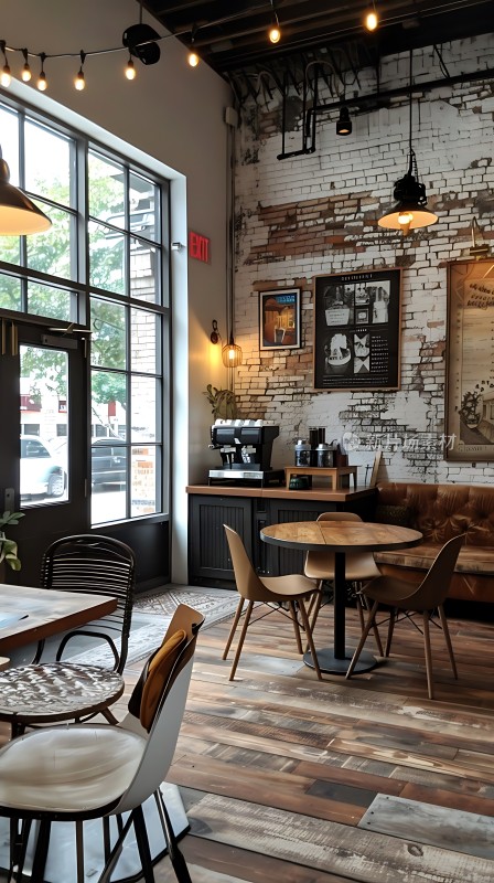 温馨咖啡馆砖墙木椅自然光线舒适氛围