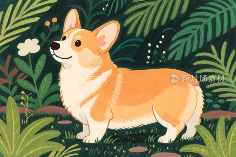 柯基犬丛林插画