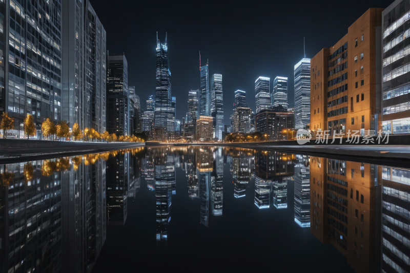 夜景城市拥有摩天大楼和倒影池高清图片