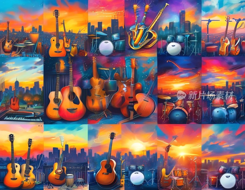 乐器拼贴日落景