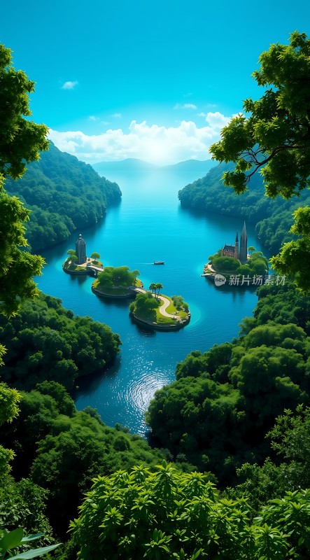 碧波荡漾湖心岛绿树成荫映蓝天