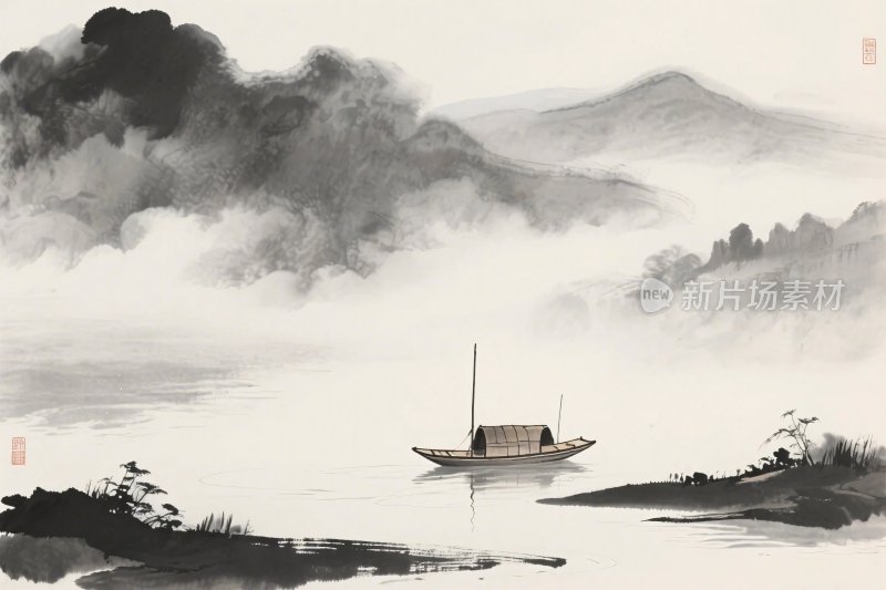 水墨山水小船画