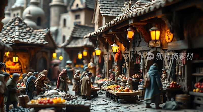 中世纪市集夜色下的繁华与喧嚣