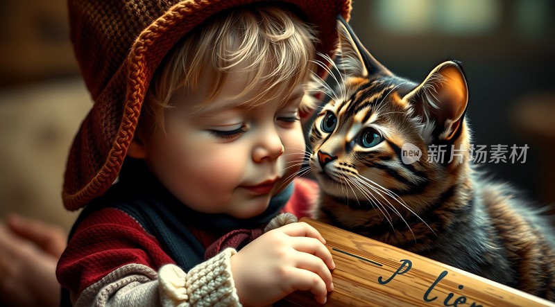 小孩与猫咪温馨互动