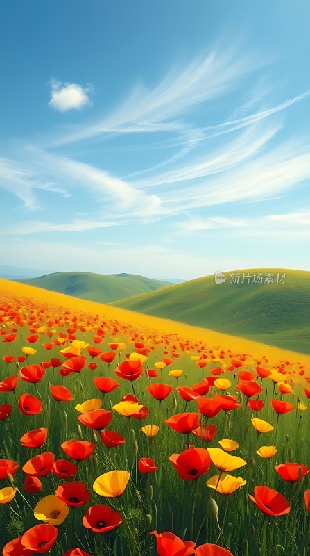 蓝天白云下的红色黄色花海