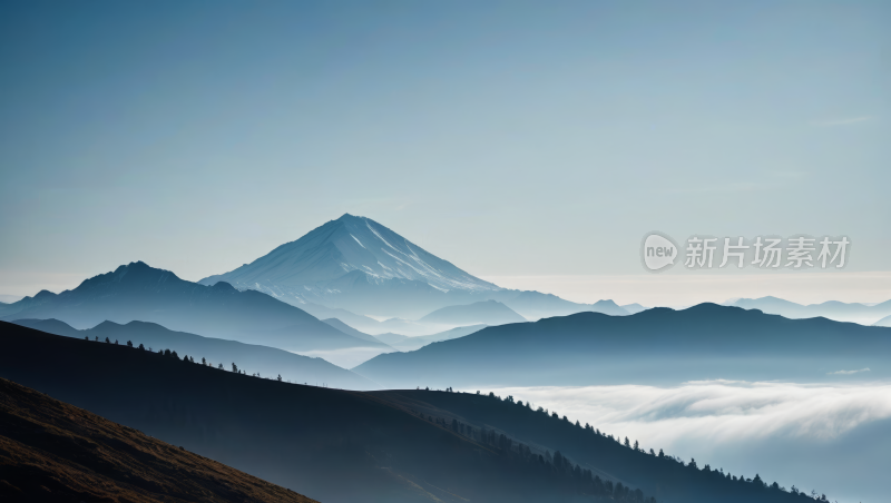 一座山有几棵树和几朵云风景风光高清图片