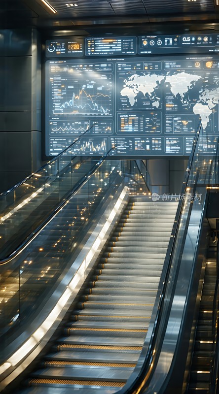 世界股市信息墙下的自动扶梯