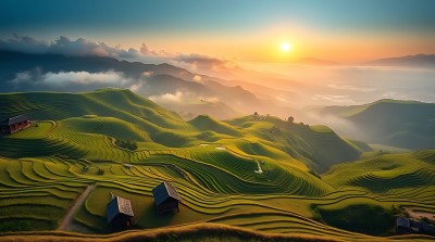 梯田晨曦阳光洒满大地