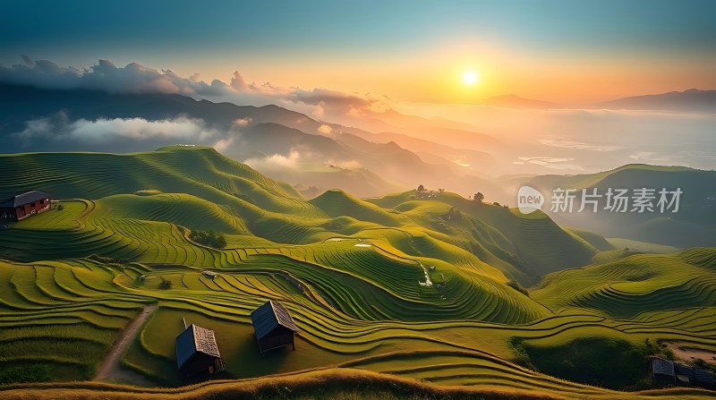 梯田晨曦阳光洒满大地