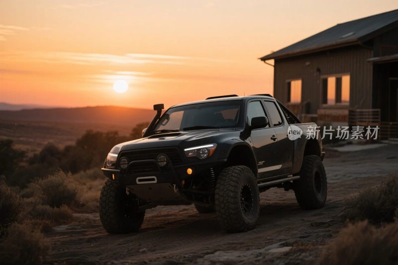 夕阳下的黑色越野皮卡车