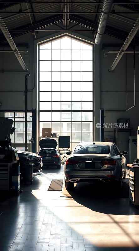 阳光下的车库经典汽车静候维修