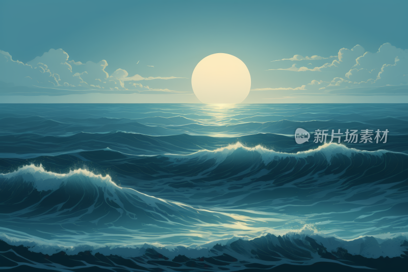 海上日落波浪的插图高清背景图片