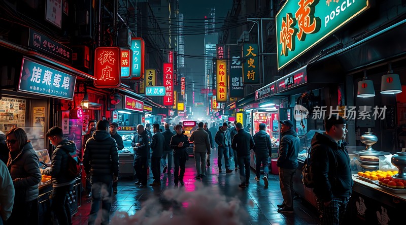 霓虹灯下的繁华夜市热闹非凡