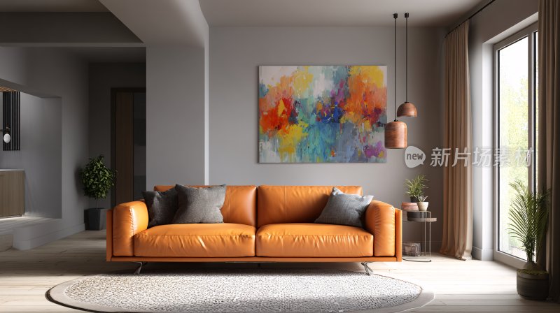 现代简约风客厅橙色沙发场景