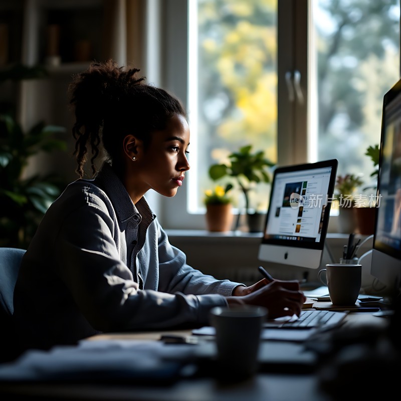 专注工作阳光下的电脑前思考的女孩