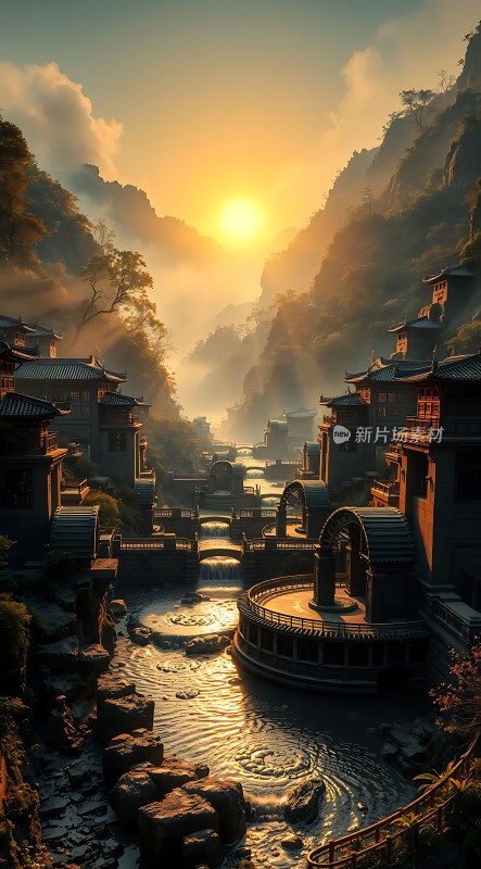 晨曦古村落山水画卷