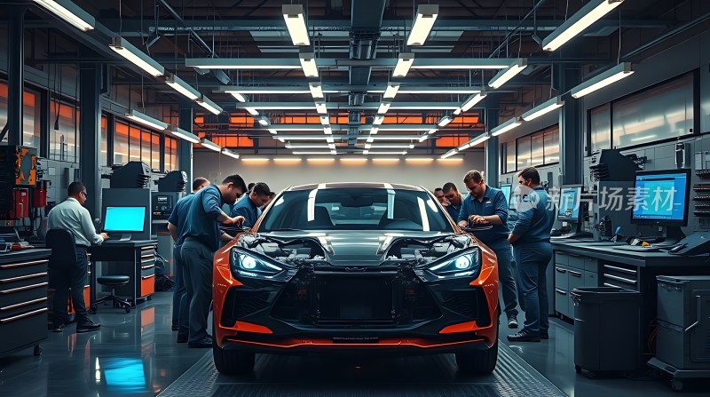 车间内一群人围绕着一辆橙色的汽车进行维修工作