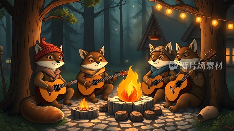 森林音乐会狐狸们围火弹吉他