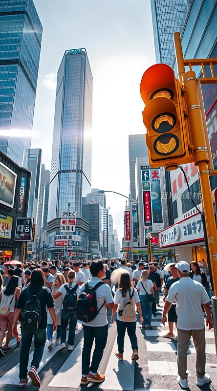 繁华都市街头人群熙攘高楼林立交通信号灯显眼