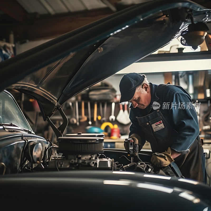 修车师傅专注检查汽车引擎