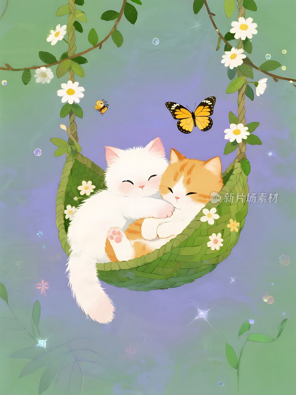 两只小猫在花丛中荡秋千