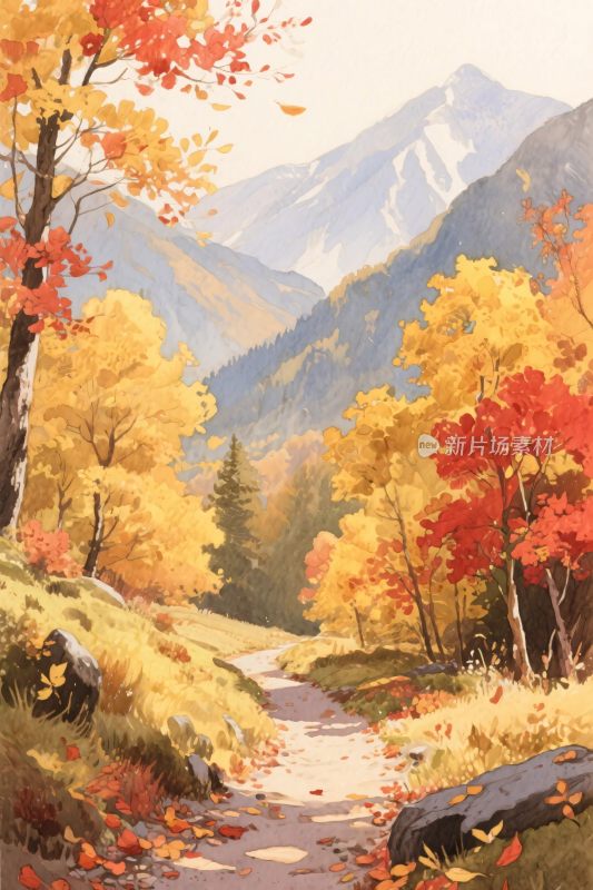 秋景山水风景插画