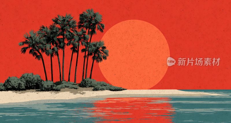 海边夕阳下的棕榈树景观